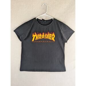 Thrasher Graphic Tee Shirt Womens Medium Black Skateboarding Magazine Flame HOLE